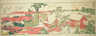 Stránky z ilustrované knihy „Panoramatické výhledy podél břehů řeky Sumida (Ehon Sumidagawa ryogan ichiran)“ od Katsushika Hokusai
