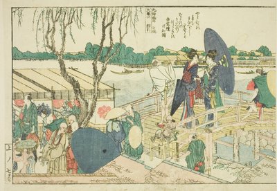 Stránky z ilustrované knihy „Panoramatické výhledy podél břehů řeky Sumida (Ehon Sumidagawa ryogan ichiran)“ od Katsushika Hokusai
