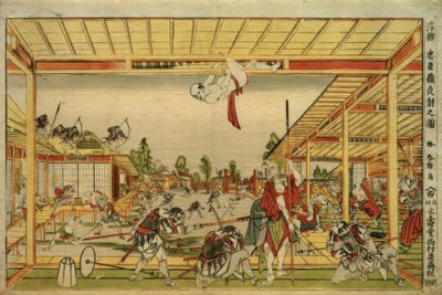 Perspektivní obrázek nočního útoku 47 věrných vazalů od Katsushika Hokusai