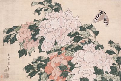 Růžové a červené pivoňky foukané doleva ve vánku a motýl od Katsushika Hokusai