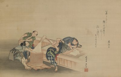 Bušení rýže pro Mochi, napsané Momomotem Hinamarem, období Edo, kolem roku 1822 (inkoust a barva na hedvábí připevněná jako závěsný svitek) od Katsushika Hokusai