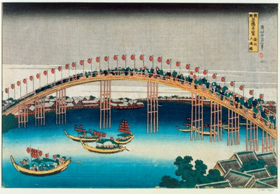Procesí přes most (barevný dřevoryt) od Katsushika Hokusai