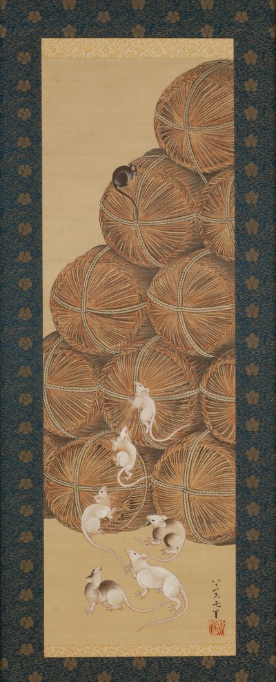 Krysy a balíky rýže, období Edo, 1843 (tuš a barva na hedvábí) od Katsushika Hokusai