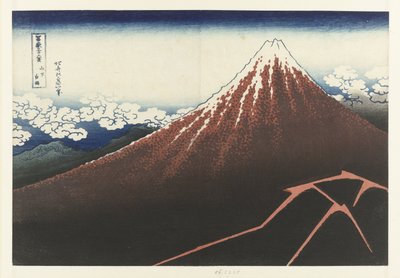Dešťová bouře na úpatí hory Červená Fuji Sanka hakuu (titul na objektu) 36 pohledů na horu Fuji (název série) Fugaku sanjurokkei (název série na objektu) od Katsushika Hokusai