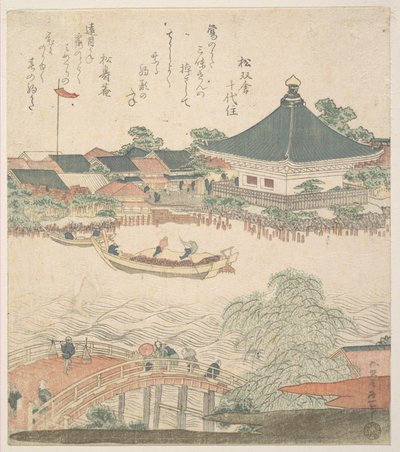 Scéna u řeky s mostem v popředí od Katsushika Hokusai