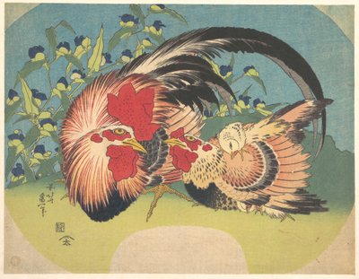 Kohout, slepice a kuře s pavoučnicí od Katsushika Hokusai