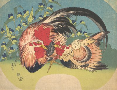 Kohout, slepice a kuře s Spiderwort, ca. 1830-33. od Katsushika Hokusai