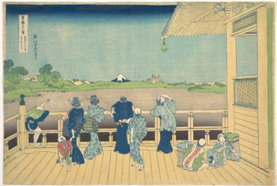 Sál Sazai v Chrámu pěti set arhatů (Gohyaku Rakanji Sazaidō), ze série „Třicet šest pohledů na horu Fudži“ (Fugaku sanjūrokkei) od Katsushika Hokusai