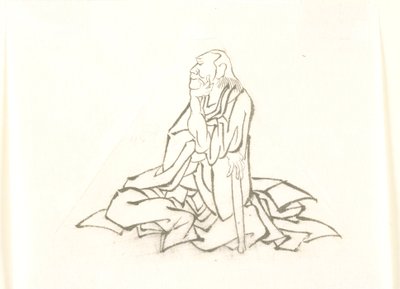 Sedící stařec opírající se o hůl od Katsushika Hokusai