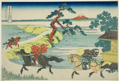 Vesnice Sekiya na řece Sumida (Sumidagawa Sekiya no sato), ze série Třicet šest pohledů na horu Fuji (Fugaku sanjūrokkei) od Katsushika Hokusai