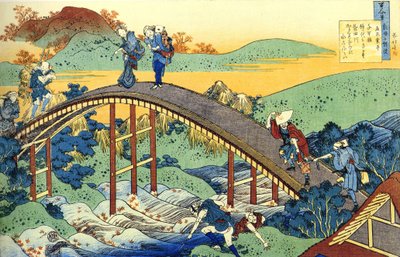 Série sta básní od sta básníků: ""Ariwara no Narihira"" Postavy překračující řeku mostem, Japonsko - tisk Katsushika Hokusai (1760-1849) (škola ukiyo-e) kolem roku 1830 Státní Ermitáž Saint Petersburg od Katsushika Hokusai