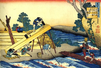 Serie de cent poems de cent poetes: ""Harumichi no Tsuraki"" Charpentiers au travail - Estampe de Katsushika Hokusai (1760-1849) (ecole ukiyo-e) versus 1830 State Hermitage Saint Petersbourg od Katsushika Hokusai