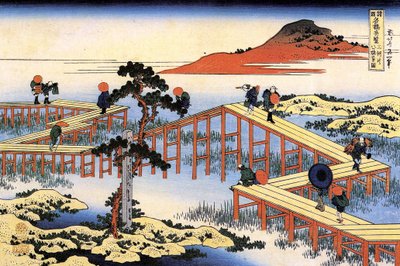 Série pozoruhodných pohledů na mosty z různých provincií: most Yatsuhashi v provincii Mikawa, Japonsko - tisk Katsushika Hokusai (1760-1849) (škola ukiyo-e) 1835 Státní Ermitáž Petrohrad Rusko od Katsushika Hokusai