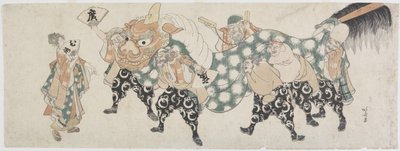 Šest mužských bohů hrajících lví tanec, 1797-1819 (barevný dřevořez) od Katsushika Hokusai