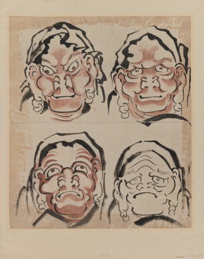 Náčrt čtyř tváří (inkoust na papíře) od Katsushika Hokusai