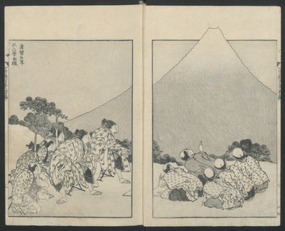 Klouzání dolů doleva, Otevření Fuji vpravo od Sto pohledů na horu Fuji, 1834. od Katsushika Hokusai