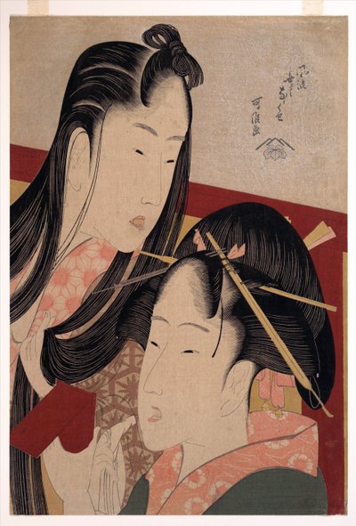 Squeaking a Ground Cherry, ze série Sedm módních zbytečných návyků - Hokusai, Katsushika (1760-1849) - c. 1798 - Barevný dřevoryt - 36,4x24,8 - Soukromá sbírka od Katsushika Hokusai