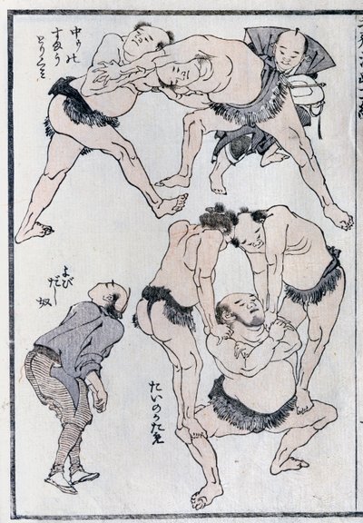 Studie gest a postojů zápasníků z mangy (barevný dřevořez) od Katsushika Hokusai