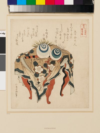 Stůl s ubrusem s květinovým vzorem, šperky a kosou, konec 19. století (barevný dřevoryt) od Katsushika Hokusai