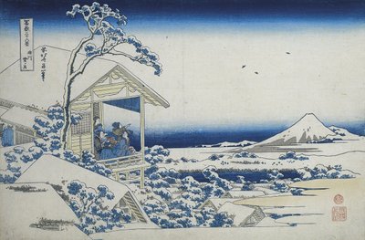 Čajovna v Koishikawa, ráno po sněžení, kolem 1830 (dřevěný tisk) od Katsushika Hokusai