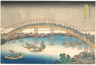 Most Tenman v provincii Settsu (Sesshū Tenmanbashi), ze série „Pozoruhodné pohledy na mosty v různých provinciích“ (Shokoku meikyō kiran) od Katsushika Hokusai