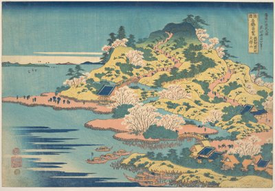Tenpōzan u ústí řeky Aji v provincii Settsu (Sesshū Ajikawaguchi Tenpōzan), ze série „Pozoruhodné pohledy na mosty v různých provinciích“ (Shokoku meikyō kiran) od Katsushika Hokusai