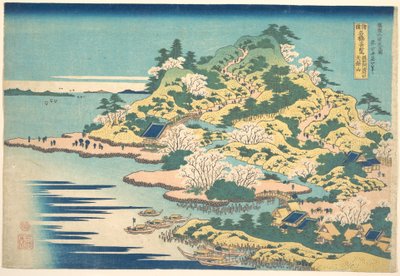 Tenpōzan u ústí řeky Aji v provincii Settsu (Sesshū Ajikawaguchi Tenpōzan), ze série „Pozoruhodné pohledy na mosty v různých provinciích“ (Shokoku meikyō kiran) od Katsushika Hokusai
