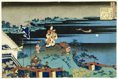 Vyhnaný básník Nakamaro („Abe no Nakamaro“) ze série „100 básní vysvětlených sestrou“ („Hyakunin isshu uba ga etoki“). c.1838, (ručně kolorovaný dřevotisk) od Katsushika Hokusai