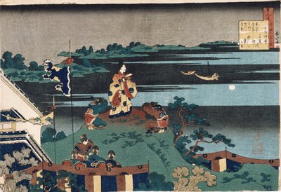 Vyhnaný básník Nakamaro ze série „Sto básní vyprávěných sestrou“, publikované kolem roku 1838 od Katsushika Hokusai