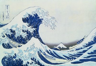 Velká vlna u Kanagawy, ze série "36 pohledů na horu Fudži" ("Fugaku sanjuokkei"), kterou vydal Nišimura Eijudo, 1831 (barevný dřevoryt) od Katsushika Hokusai
