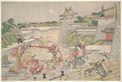 Věrná liga čtyřiceti sedmi róninů (Čúshingura),  3. jednání: Kampei je napaden Bannaiem a jeho muži od Katsushika Hokusai