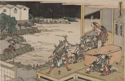 Věrná liga čtyřiceti sedmi róninů (Čúshingura), 10. jednání: Gihei střeží truhlu se zbraněmi od Katsushika Hokusai