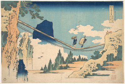 Visutý most na hranici provincií Hida a Etchū (Hietsu no sakai tsuribashi), ze série „Pozoruhodné pohledy na mosty v různých provinciích“ (Shokoku meikyō kiran) od Katsushika Hokusai