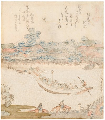 Břehy řeky Sumida, Komatomeishi. Triptych ze série Umazukushi, centrální část, 1822 od Katsushika Hokusai
