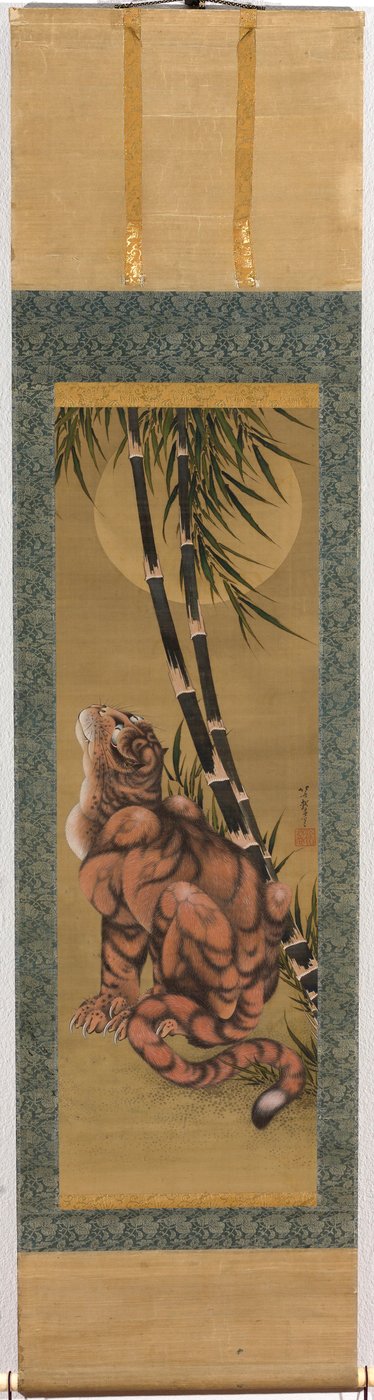 Tygr mezi bambusy při pohledu na úplněk od Katsushika Hokusai
