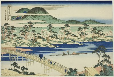 Most Togetsu v Arashiyama v provincii Yamashiro (Yamashiro Arashiyama no Togetsukyo), ze série „Neobvyklé pohledy na slavné mosty v různých provinciích (Shokoku meikyo kiran)“ od Katsushika Hokusai