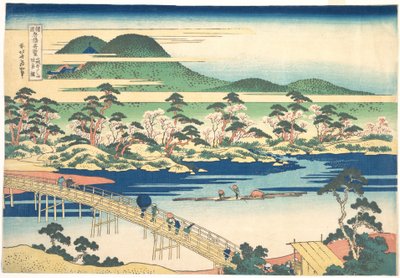 Most Togetsu v Arašijamě v Jamaširu, ze série Pozoruhodné pohledy na mosty v různých provinciích (Shokoku meikyō kiran), asi 1830 (barevný dřevoryt) od Katsushika Hokusai