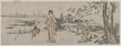 Dvě ženy a dítě vedle nádrže na zlaté rybky, c. 1800. od Katsushika Hokusai