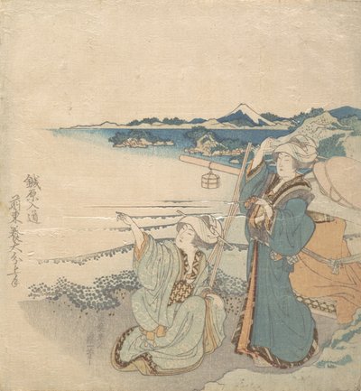 Dvě mladé dámy na pobřeží, jedna ukazuje. od Katsushika Hokusai