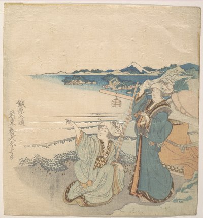 Dvě mladé dámy na břehu; jedna z nich ukazuje prstem od Katsushika Hokusai