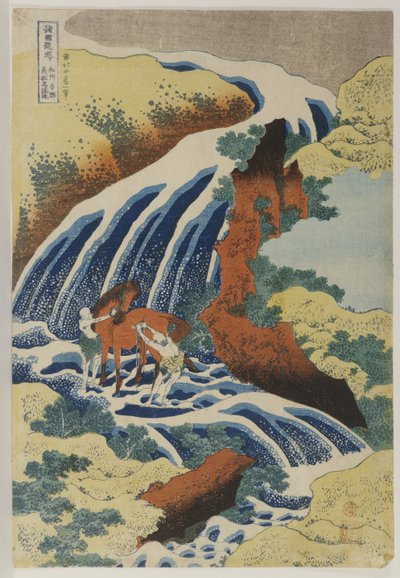 Dva muži mytí koně ve vodopádu od Katsushika Hokusai