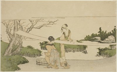 Dvě ženy natahování látky od Katsushika Hokusai