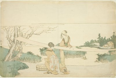 Dvě ženy natahování látky od Katsushika Hokusai