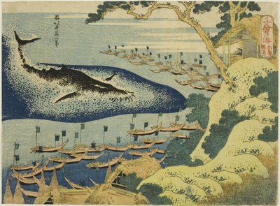 Lov velryb u pobřeží ostrovů Goto (Goto kujira tsuki), ze série „Tisíc obrázků oceánu (Chie no umi)“ od Katsushika Hokusai