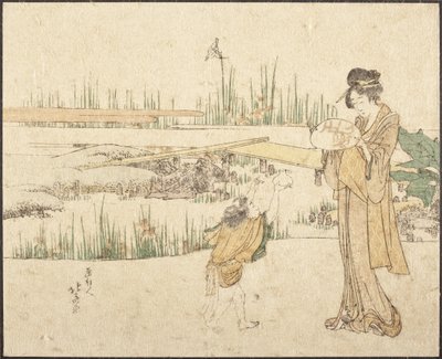 Žena a dítě v zahradě; fragment obrazu „Prodejce zlatých rybek“ od Katsushika Hokusai