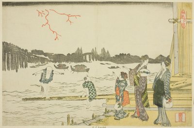 Ženy a děti sledují ohňostroj od Katsushika Hokusai