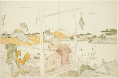 Ženy na verandě natahovací hadřík k sušení od Katsushika Hokusai