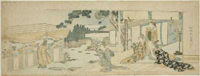 Ženy na verandě se dívají na dívku trhající květiny od Katsushika Hokusai
