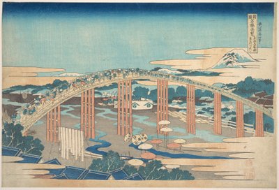 Most Yahagi v Okazaki na silnici Tōkaidō (Tōkaidō Okazaki Yahagi no hashi), ze série „Pozoruhodné pohledy na mosty v různých provinciích“ (Shokoku meikyō kiran) od Katsushika Hokusai