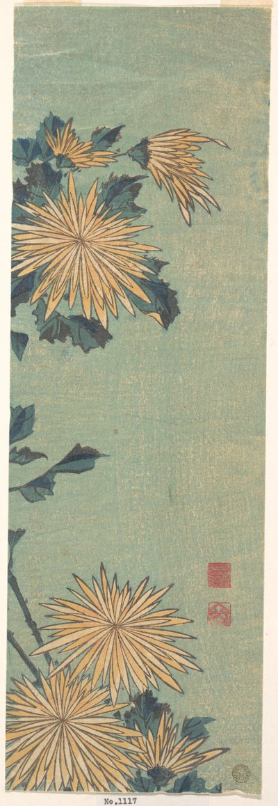 Žluté chryzantémy na modrém pozadí od Katsushika Hokusai